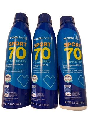 3 Pack CVS Health Sport 70 Sunscreen Clear Spray 5.5oz SPF70 Bottles Exp 07/27