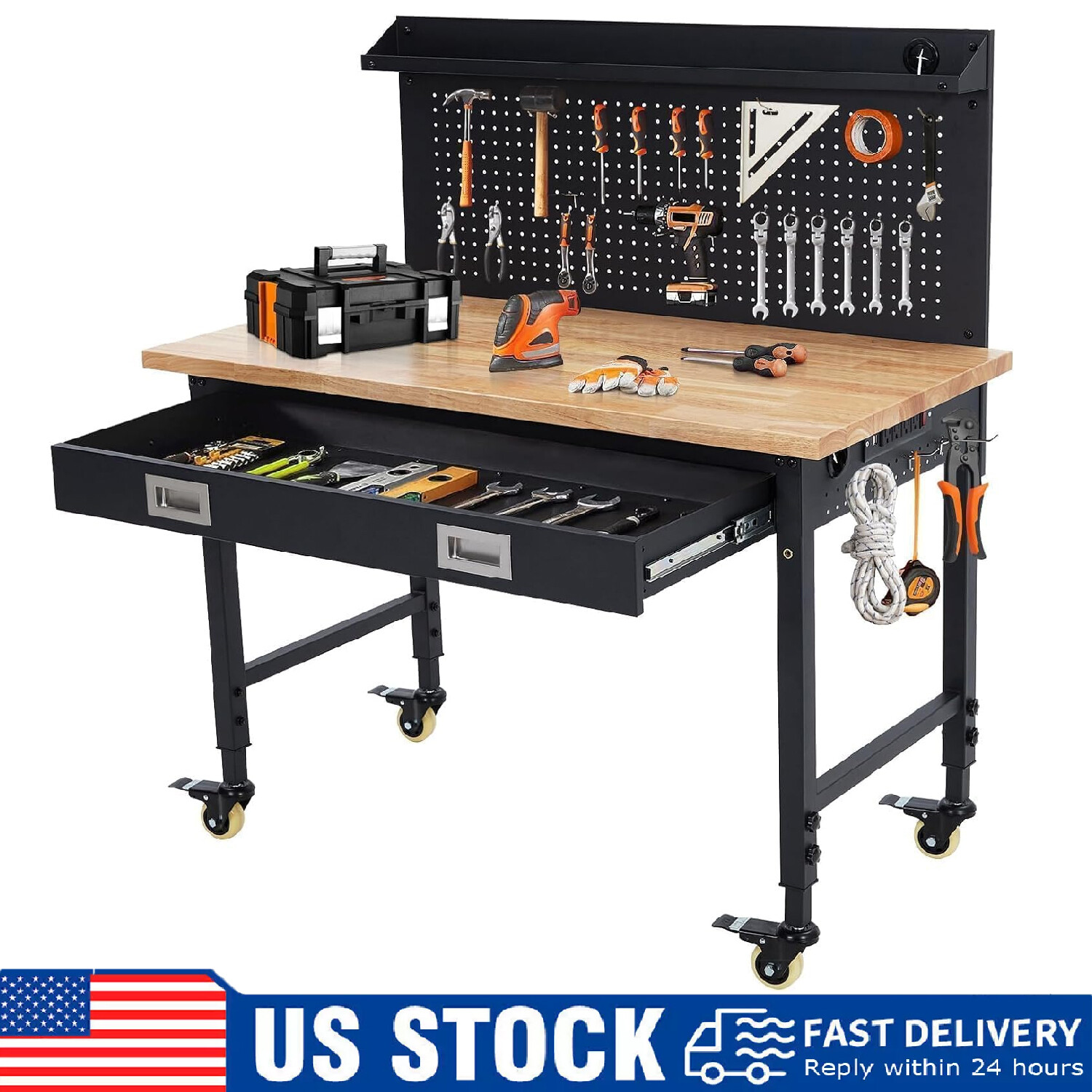48" Adjustable Height Workbench Heavy Duty Workstation Garage with Power Outlets