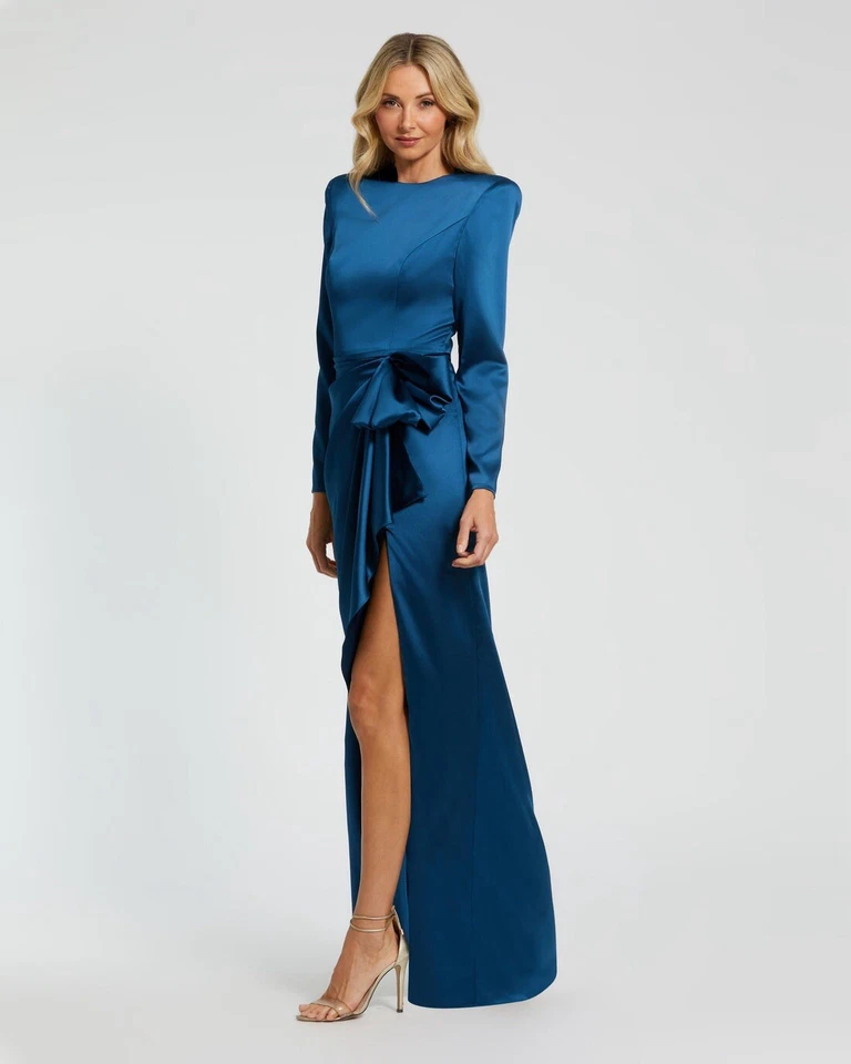 Mac Duggal Ieena 10 Long Sleeve Structured Bow Draped Gown Blue 26676 NWT Flaw - Image 3 of 4