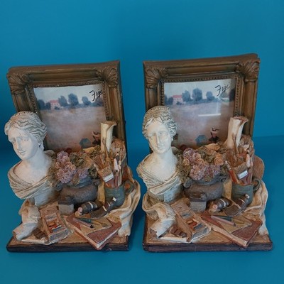 Vintage Figi Bookends/ Picture Frame Intercate Bust Paint Heavy Set Of 2 Resin