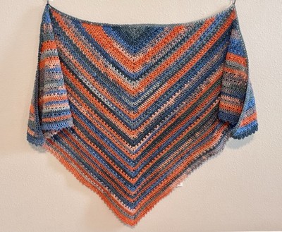 Handmade Lacy Crochet Triangle Shawl Blue Orange Lightweight Knit Wrap Washable