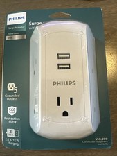 Philips 5-Outlet Extender, Grounded Wall Tap, 3-Prong, 2 USB-A, Surge Protector