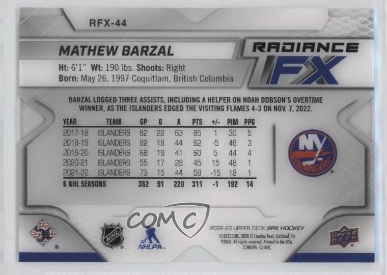 2022-23 SPx Radiance F/X Blue /399 Mathew Barzal #RFX-44 - Image 2 of 2