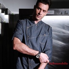 Men Hotel Restaurant Kitchen 3/4 Sleeve Denim Jean Coat Chef Jacket Cook Wear