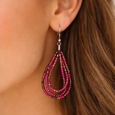 Fashion Jewelry Women's Beaded Hoop Earrings Fuchsia Gold Tone Dangle