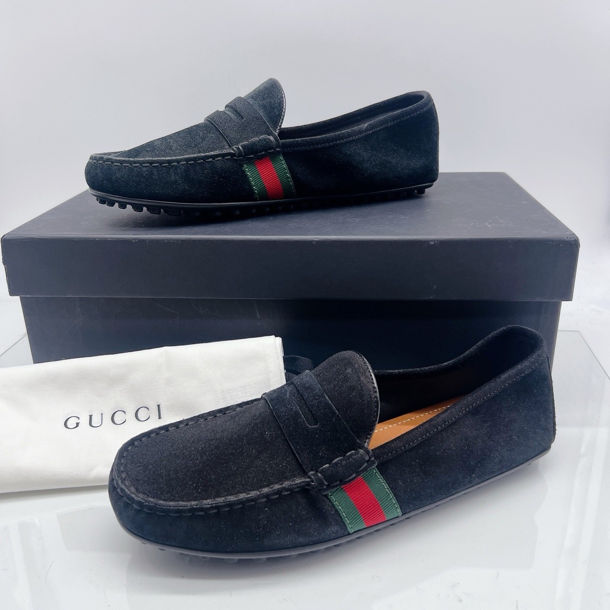 Gucci Black Suede Web Accent Driving moccasins size 7.5 Gucci 624698 Web Accent Drivers - Brown Loafers, Shoes  main image 2