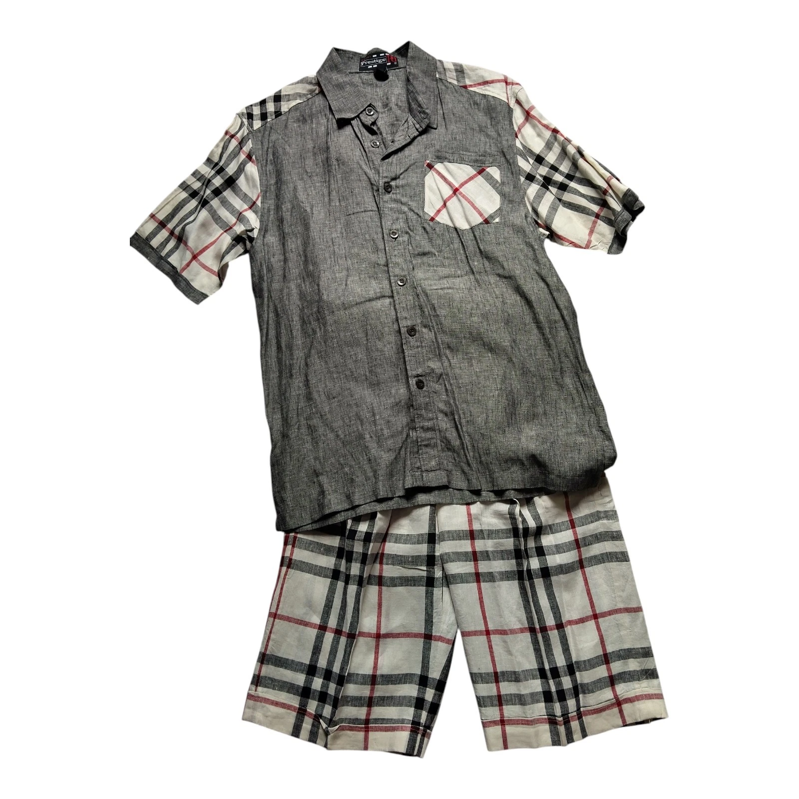 NWT Prestige Royal Mens 2 Piece Set Large/Size 34 Plaid Shorts Outfit 100% Linen
