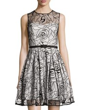 Eliza J Sleeveless Floral Illusion Fit-and-Flare Dress Sz 4 Black