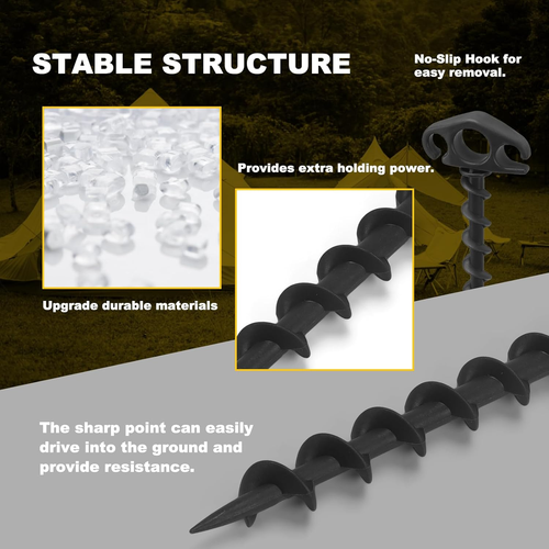 Heavy-Duty Spiral Tent Stakes, 10-Pack, 9.4 Inch Ground Anchors for Outdoor Use - Picture 3 of 12