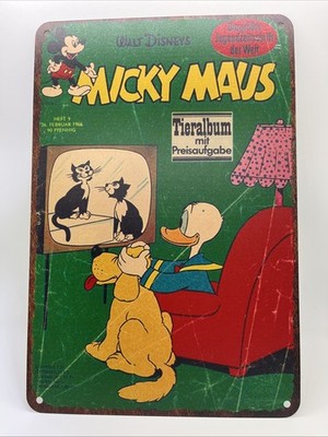 1960s MICKEY MAUS (Mouse) German Disney Comic Book Metal Poster Sign **RARE**