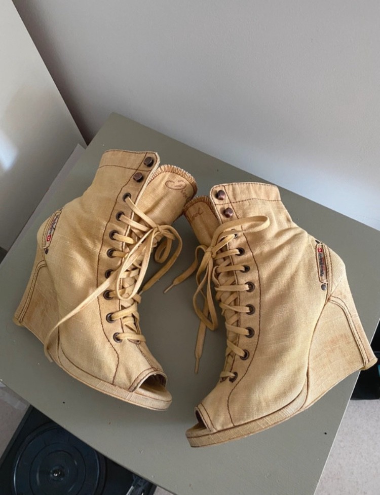 Diesel Women’s Lace Up Wedge Peep Toe Ankle Boots Canvas Beige EU 38 Y2K