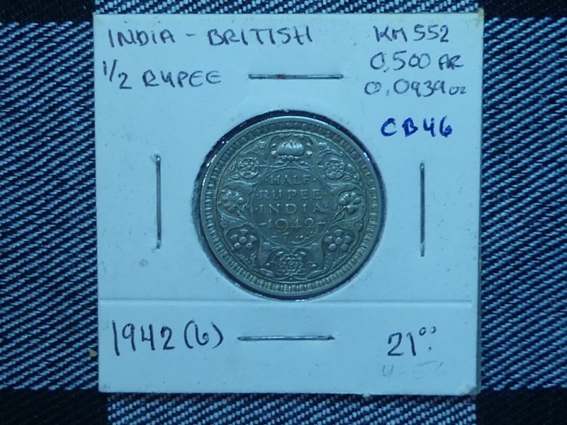 CB46: INDIA-British, 1/2 RUPEE, 1942 (b) 0.500 Silver, 0.0939 oz