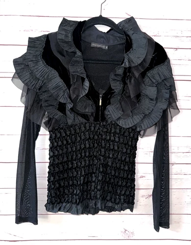 ANNE FONTAINE Paris FR 38 Black Ruffle Velvet And Mesh Smocked Top Front Zip