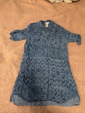 Philosophy Womens Size M Tunic Shirt Dress Blue Roll Tab Sleeves Tencel Aztec