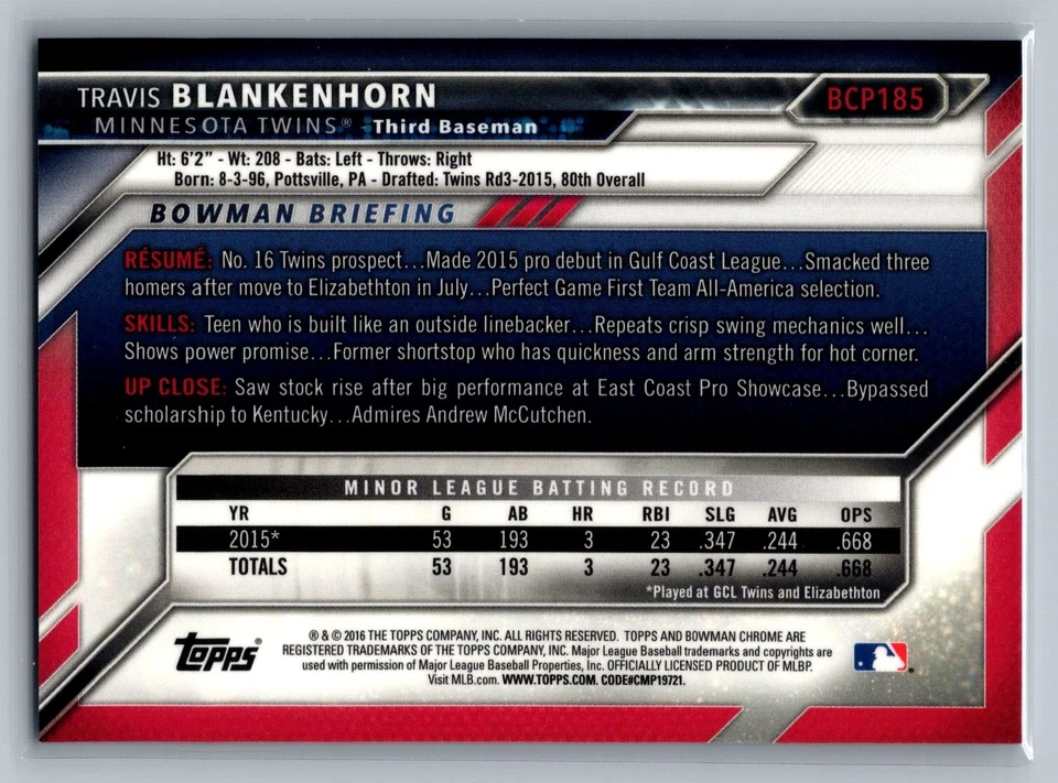2016 Bowman Chrome #BCP185 Travis Blankenhorn Minnesota Twins Blue Shimmer - Image 2 of 2