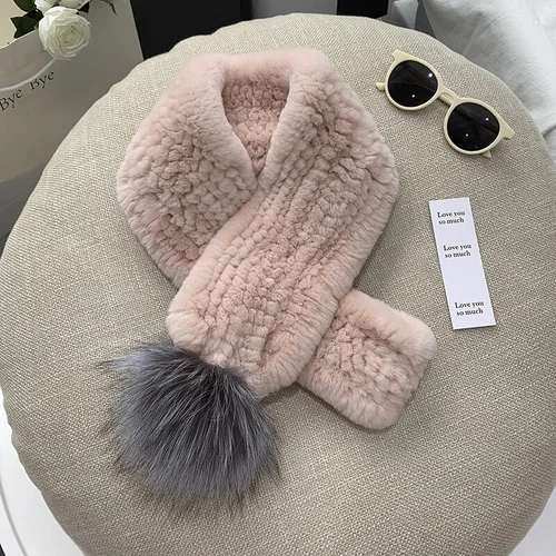 Real Rex Rabbit Fur Scarf Winter Warm Neckerchief Fox Fur Pom pom Fluffy Soft - Picture 4 of 24