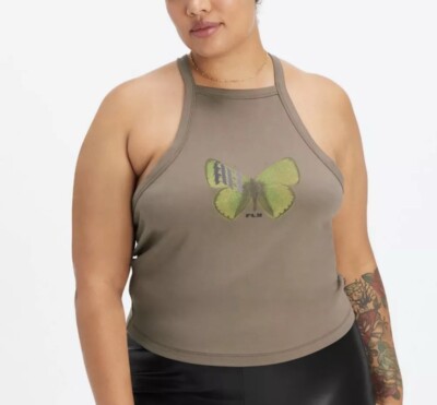 Fabletics Women's Live-In Butterfly Halter Tank Top Willow Bark Size Small Y2K