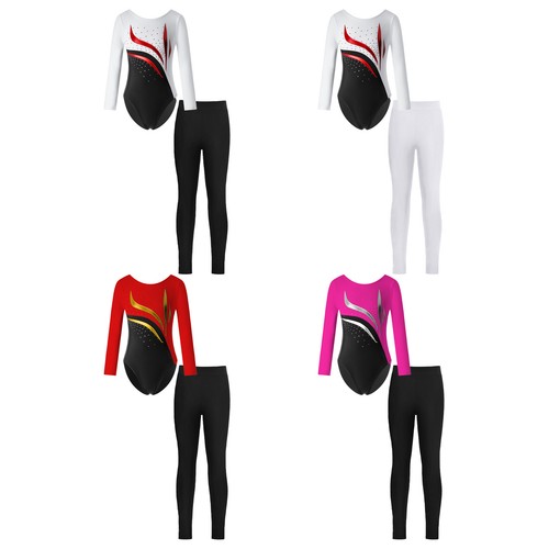 Kids Girl's Dance Bodysuit And Pants Performance Leotard And Long Pants Sets - Afbeelding 1 van 50