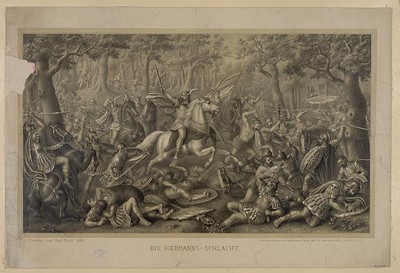 Die Hermann's-Schlacht,May 7,c1888,Kurz & Allison,men on horseback,fallen
