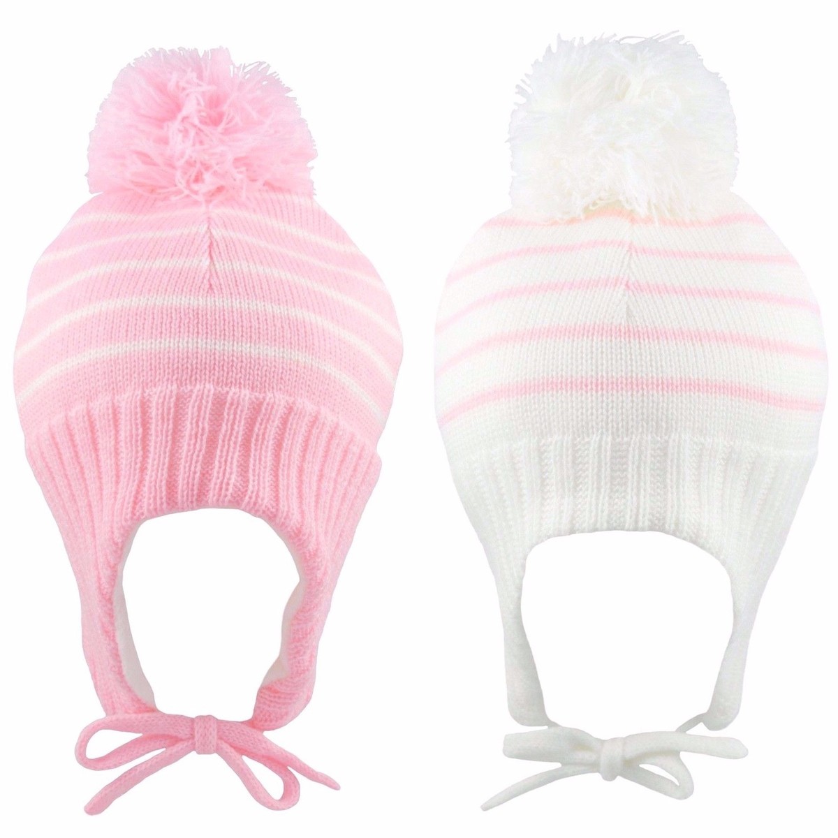 Baby Girl Pom Pom Hat Beanie Bobble Pink White Stripe Chin Ties