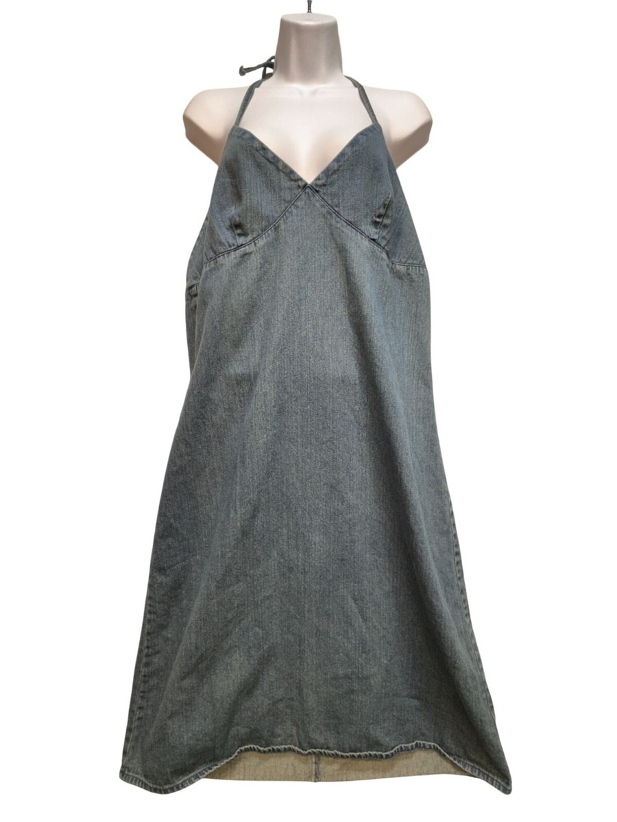 Vintage Route 66 Womens Y2K Blue Denim Halter Dress Size 14 Casual