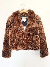 BB Dakota Faux Fur Leopard Print Jacket Rust Sz XS Pockets Lined NWT