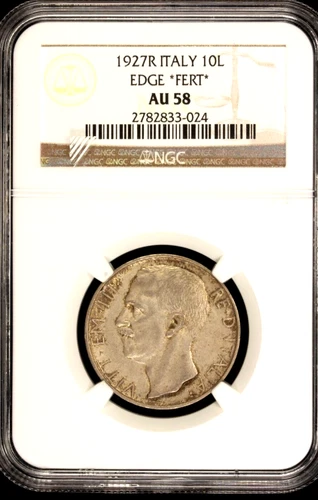 1927 R Italy 10 Lire, NGC AU 58, KM-68, Edge Fert, Quadriga