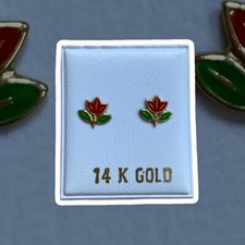 14k red flower enameled children earring