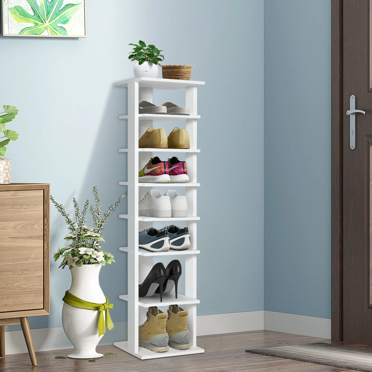 7 Tier Vertical Shoe Rack Tall Narrow Shelf Storage Organizer Slim Shoe  Tower