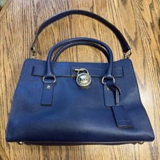Michael Kors Hamilton Medium Satchel Key Lock Shoulder Bag Navy Blue Leather