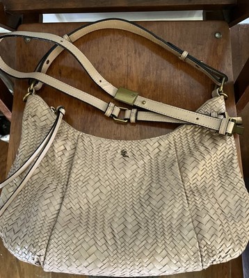 Elliott Lucca Taupe Nude Woven Leather Hobo Medium Bag Purse Logo Zip Classic