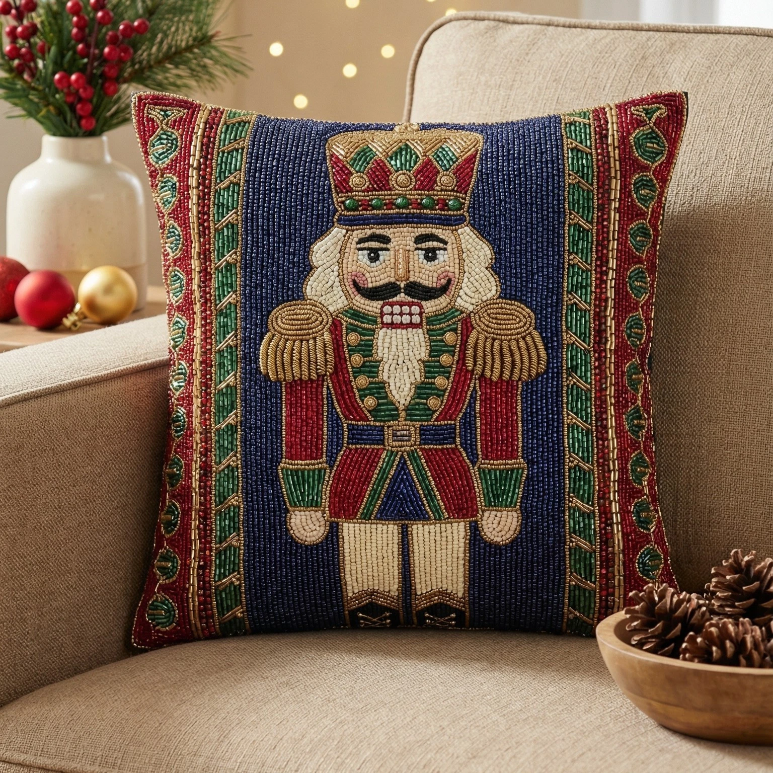 Beaded Nutcracker Throw Pillow Cover 16x16 18x18 20x20 inches, Christmas Holiday
Opens in a new wind