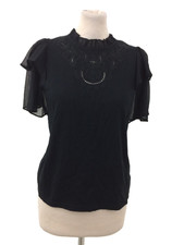 Per Una Women's Top Black Embroidery Cutwork Flutter Sleeve Ruffle Collar New