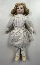 Vintage Porcelain Doll 15″ White Dress • 1990s  • Display Collectible