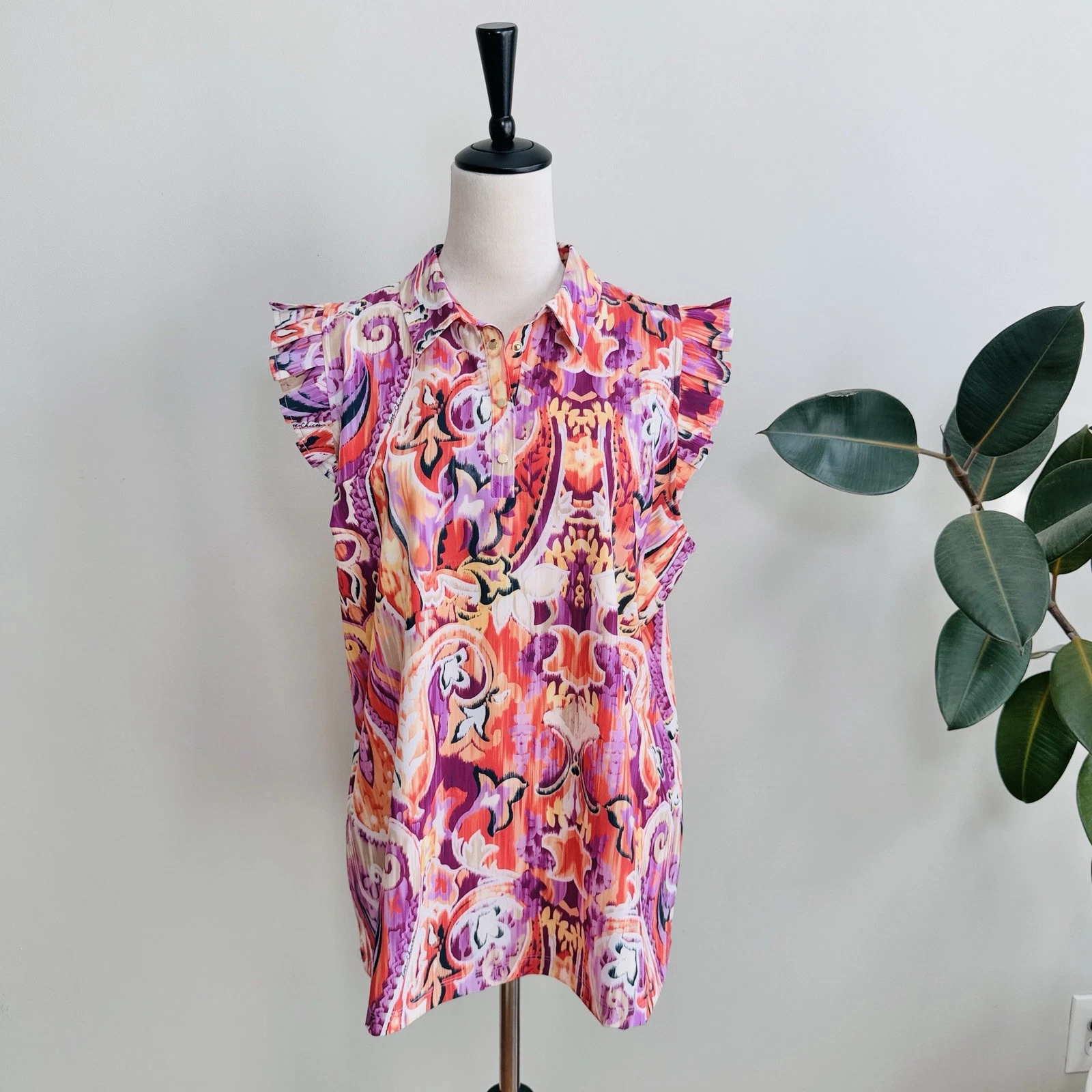 Chico's Zenergy UPF Neema Paisley Polo Collared Snap Buttons Shirt Top - Size 14