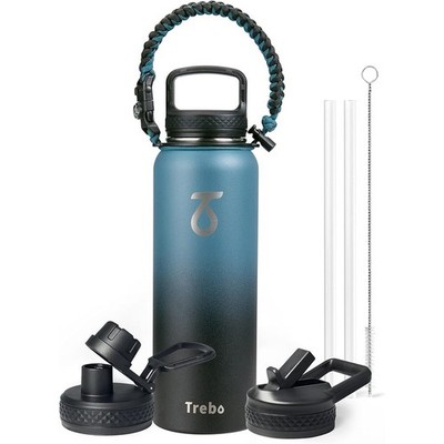 Insulated Water Bottle 40oz Double Wall Leakproof W/ Paracord Handle 3 Lids  New | eBay