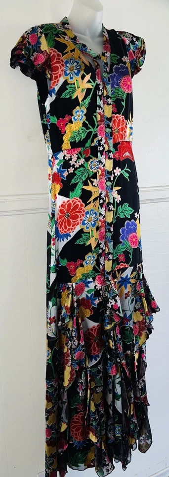 💕 VESTIDO MAXI FLORAL ALICE & OLIVIA US$ 895 Laurette mistura de seda babado tamanho 6 LKNU - Imagem 2 de 4