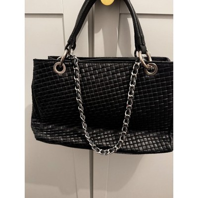 Vera Pelle Woven Leather Chain Strap Shoulder Handbag Made in Italy Black