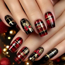 48PCS Christmas Plaid Press On Nails Red Black Holly Berry Holiday Festive Nails