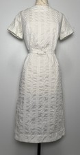 Vtg Ina Carol White Textured Midi Dress M Belted Minimal Classic Summer