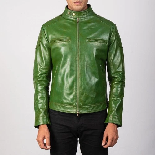 Men’s Green Genuine Leather Jacket  Classic Cafe Racer Motorcycle Biker Coat - product listing photo