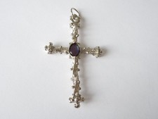 Pendentif Vintage Croix Argenté Pierre Précieuse Bleue 7,4 G/6,6 X 3,8 Cm