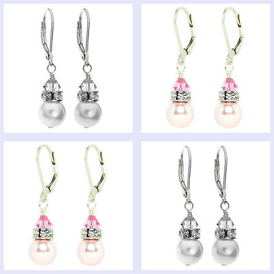 Swarovski Elements Crystal Simulated Pearl Sterling Silver Leverback Earrings