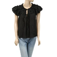Love The Label Anthropologie Metallic Striped Blouse Top Black Ruffle S 260288
