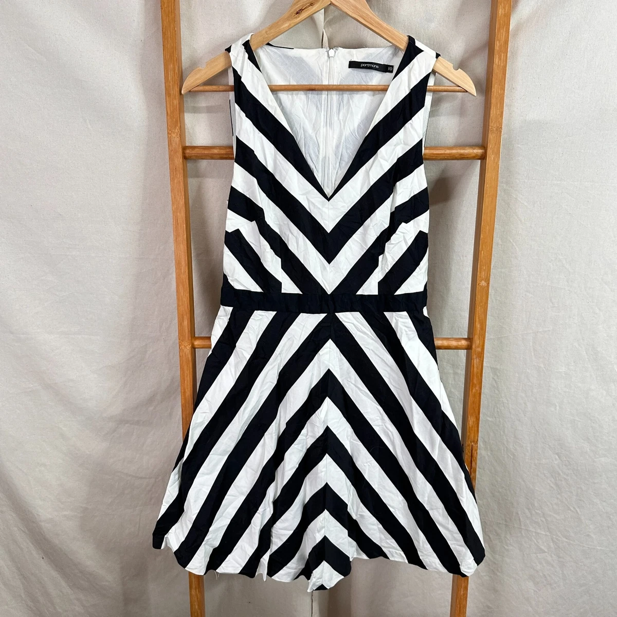 Portmans Dress Womens 10 Black White Striped Sleeveless Mini A