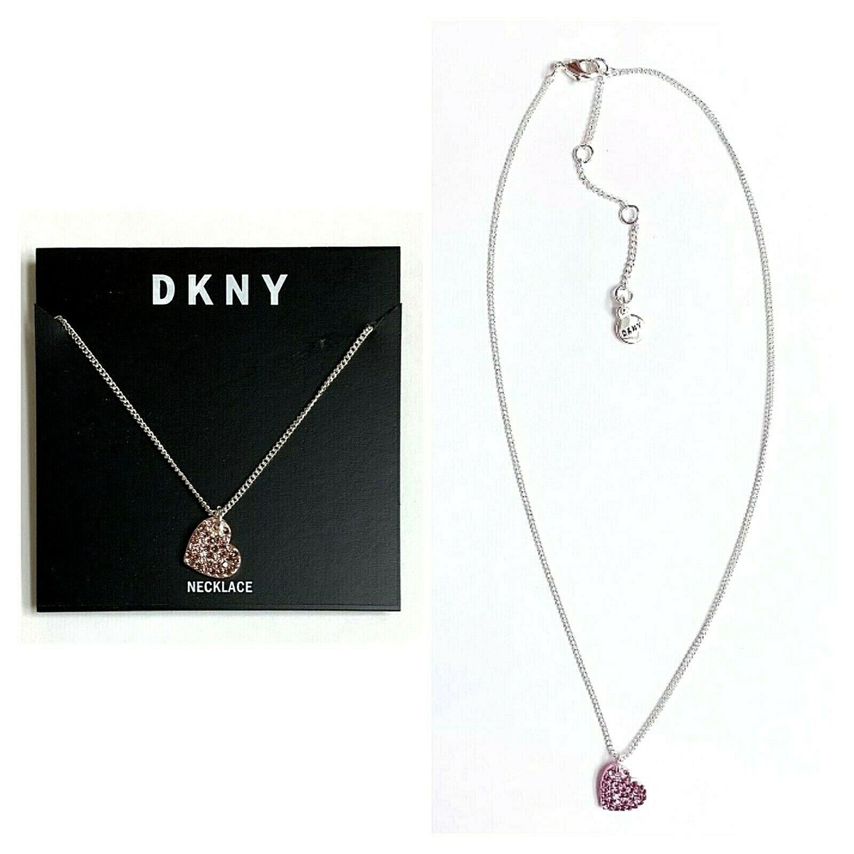 NWT DKNY Two-Tone Micro Pavé Crystal Pink Heart Pendant Necklace 