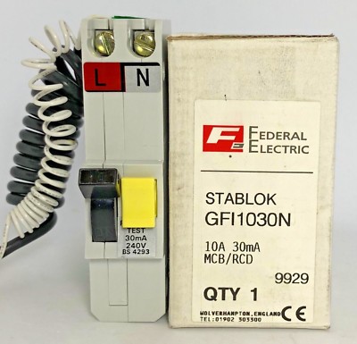 Federal Electric Stablok Stab-Lok GFI1030N 10A Amp 30mA Rcbo Dual Pole MCB Rcd