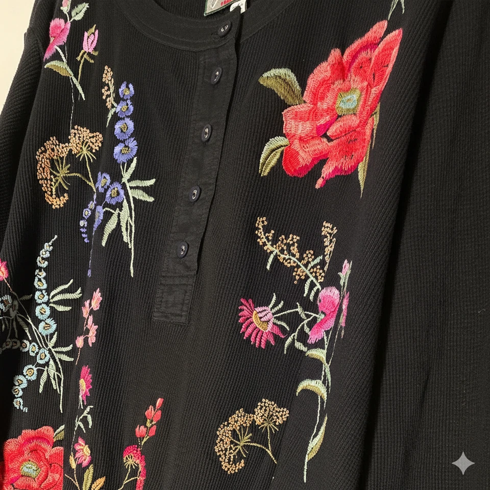 New Johnny was Mixed Media Henley Thermal Black Top L - Image 4 of 4