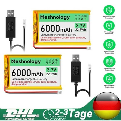 2 Stücke 3,7 V 6000 mAh LiPo-Akku, wiederaufladbar, 1S 3C mit USB-Ladekabel NEW