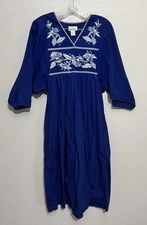 Vintage Medium Appliqué Blue Cotton Caftan Muumuu Boho House Maxi Dress
